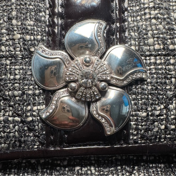 Brighton Black and Gray Tweed Clutch with Silver Flower and chain strap - Picture 2 of 10